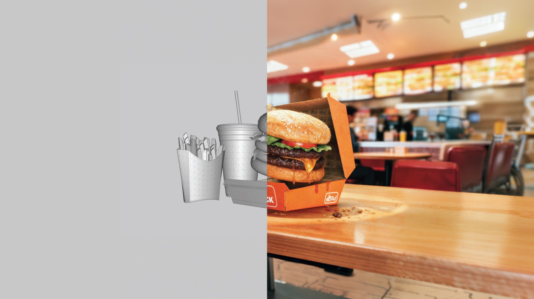 Studio product render beside a restaurant scene