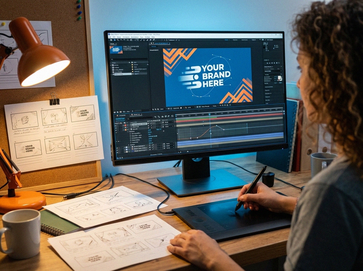 Designer animating on a large monitor
