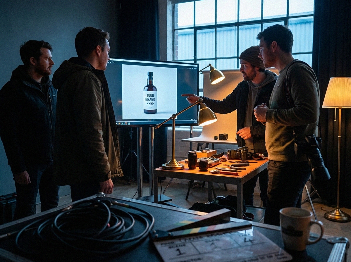 Video crew reviewing footage on set